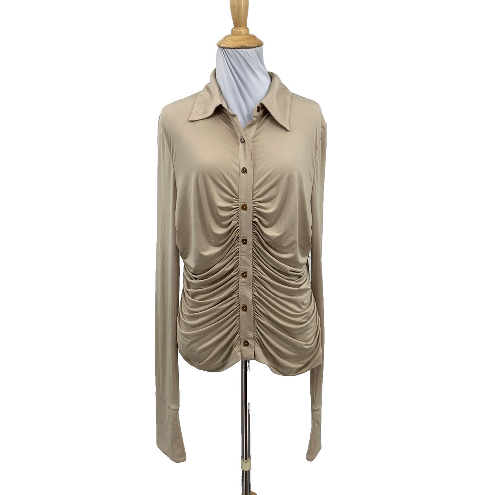 Song Of Style Shirt Womens L Large Beige Efra Ruched Jersey Stretch Button Up